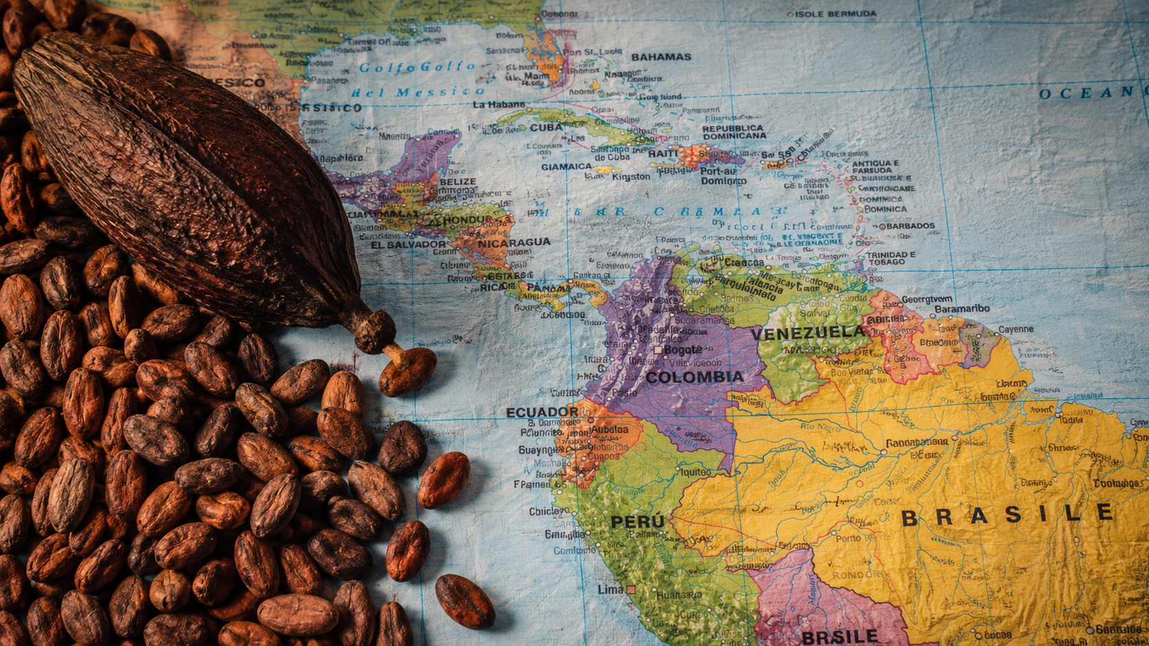 Fave di cacao, cabosse aperte e tavoletta di cioccolato artigianale