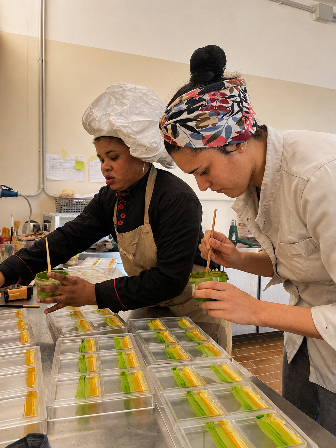 Donna durante la produzione artigianale del cioccolato nel laboratorio NINA KAKAW di Belluno.