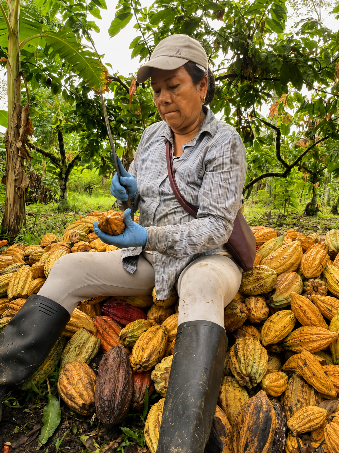 Produttrice durante la lavorazione delle cabosse di cacao in Amazzonia ecuadoriana.