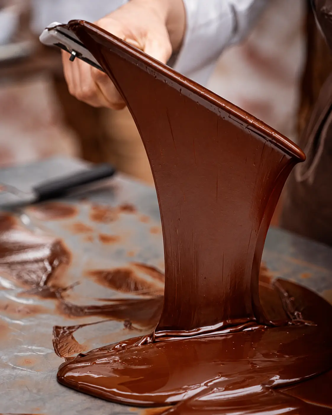 Temperaggio del cioccolato su piano di marmo nel laboratorio artigianale