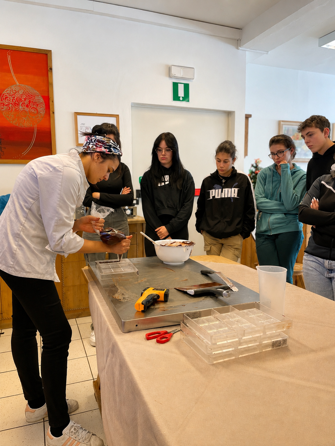 La formatrice mostra la lavorazione del cioccolato al gruppo di studenti